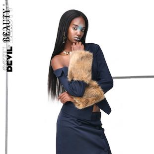 【现货】DevilBeauty新款蓝色不规则露肩西装女可拆卸毛毛袖外套