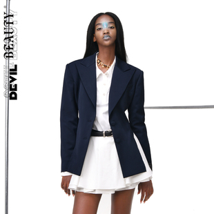 【现货】DevilBeauty不规则毛边西装女驳领收腰上衣修身开叉外套