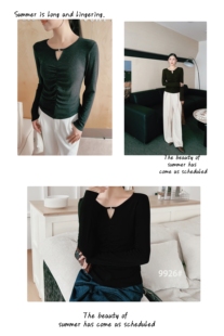 梦奥8625领口小钻镂空捏褶长袖女T恤百搭修身尚品秀9926上衣打底