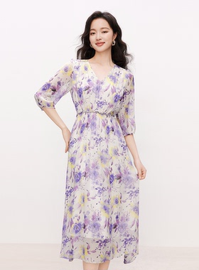 珂家商场同款2025夏季新款女装茶歇裙V领飘逸印花连衣裙KF12084W0