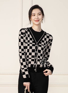 珂家商场同款2025秋季新款假两件格子长袖羊毛针织衫女KZ02521B8