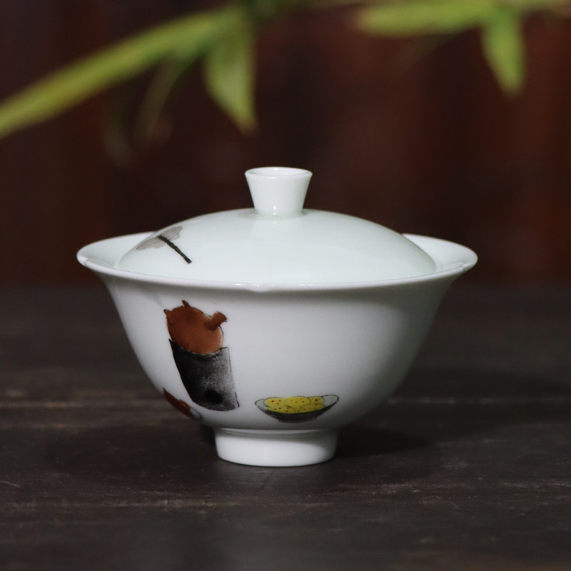 手绘清供盖碗丨潮汕手工薄胎防烫三才泡茶碗工夫茶具茶杯礼盒装