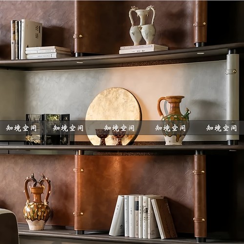 新中式古典风样板间会所书房书柜花器摆件金箔托盘陈列组合摆件