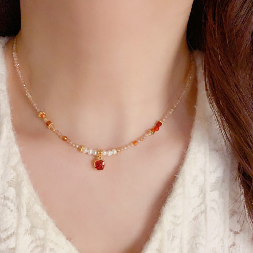 淡水珍珠锆石方钻吊坠项链女小众时尚轻奢设计感水晶串珠锁骨链