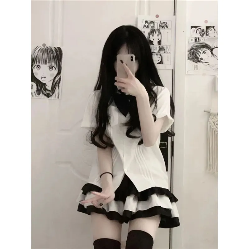 衬衣+蛋糕半身裙两件套夏软妹短袖衬衫女日系套装jk制服上衣