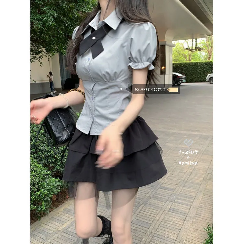 小个子套装学院风短裙半身裙夏季裙子日系JK制服短款衬衫女三件套