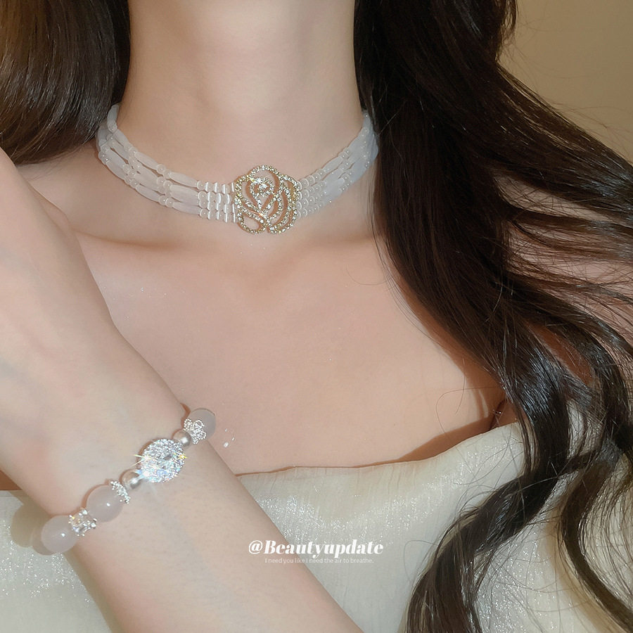 多层串珠镶钻镂空花朵珍珠项链手链百搭高级感锁骨链轻奢时尚首饰