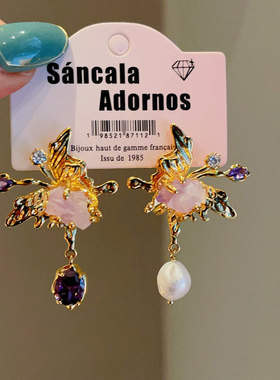 重手工浪漫紫色水晶石镀18K金耳环小众设计耳饰高级感耳坠女