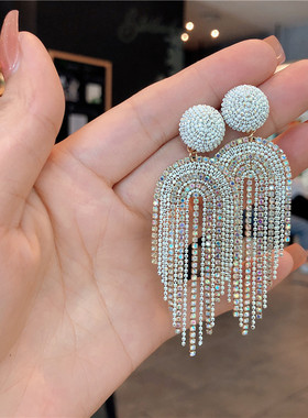 韩国韩版轻奢风重工甜美彩白色小米珠耳环气质长流苏走秀耳坠