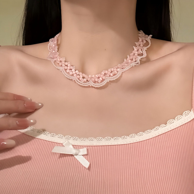 粉韵弥漫~甜美气质猫眼石串珠花边项链小众设计感锁骨链时尚颈链