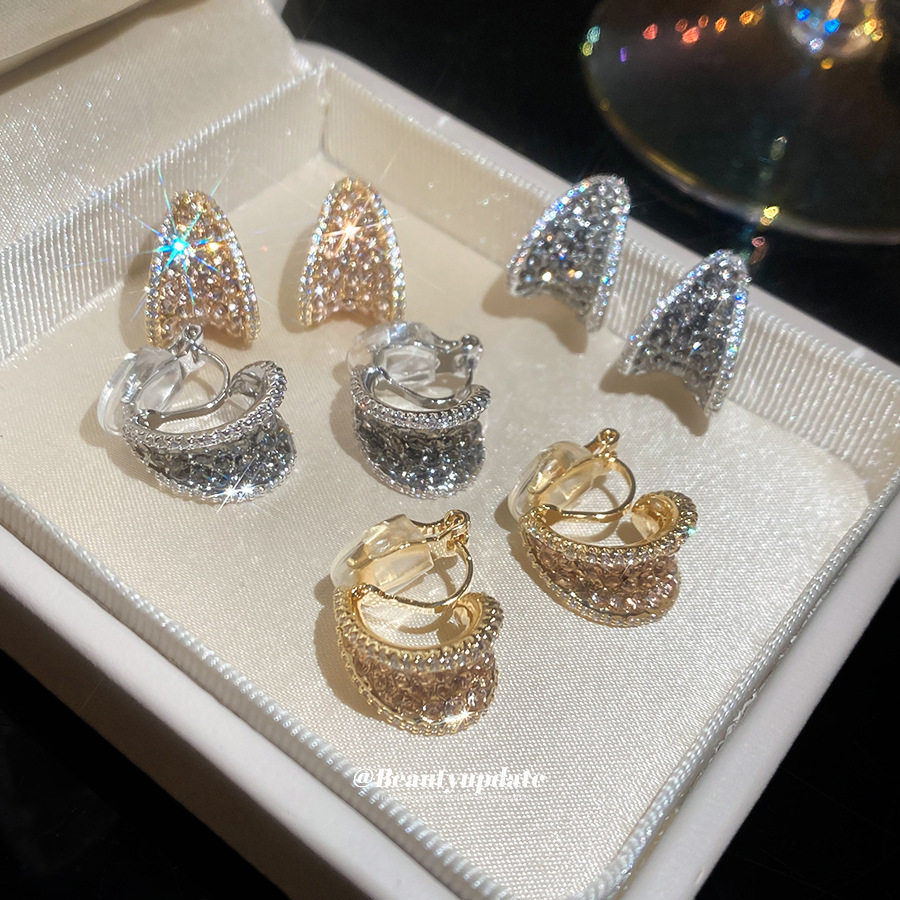 耳夹~18k真金电镀锆石镶钻水滴耳钉小众高级感个性时尚气质耳饰女