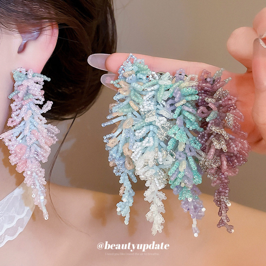 银针水晶串珠流苏手工编织耳环清新甜美度假风耳钉小众高级感耳饰