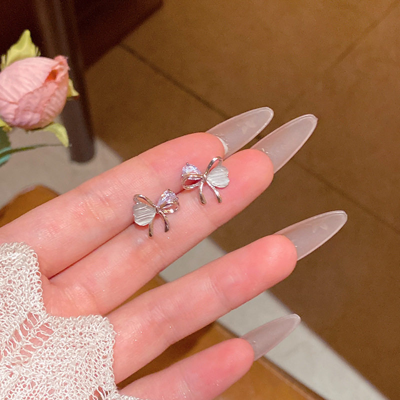韩系甜美气质猫眼石蝴蝶结耳钉女时尚百搭高级感精致锆石耳环耳饰
