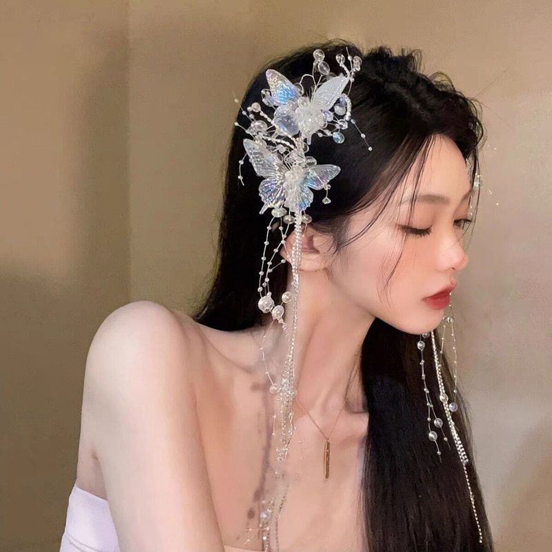 镶钻蝴蝶流苏弹簧夹仙女气质甜美设计发夹时尚高级感仙气发饰批发