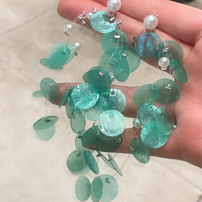 银针薄荷绿贝壳圆形流苏珍珠耳钉清新甜美度假耳环轻奢高级感耳饰