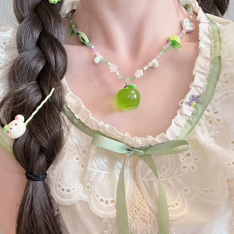 森系青苹果吊坠船只项链女小清新薄荷绿甜美少女锁骨链颈链配饰品