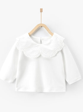 宝宝打底衫婴幼儿翻领衣服纯白色上衣棉长袖娃娃领t恤女童童装萌