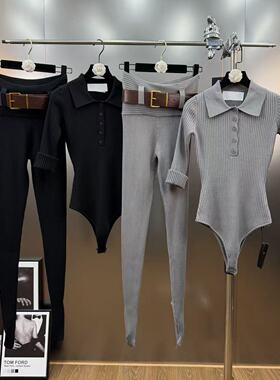 柚子mm2025年冬季修身翻领坑条连体针织衫配踩脚腰带打底裤三件套