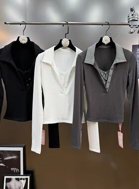 柚子mm2025年冬设计感假两件蕾丝拼接polo领长袖加绒紧身收腰显瘦