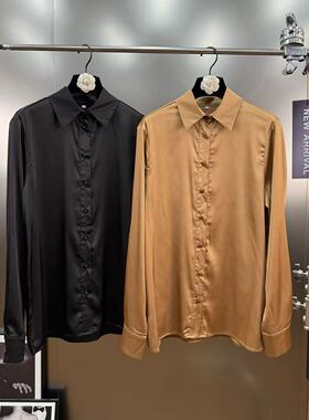 柚子mm2025新款翻领长袖仿醋酸面料法式极简风直筒百搭通勤款衬衫