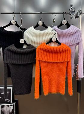 柚子mm2025年冬季新款一字翻肩领长袖随身款显瘦纯欲风针织衫毛衣