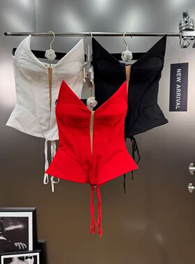 柚子mm2025年冬季立体三角设计感拼纱镂空绑带收腰小众风别致抹胸