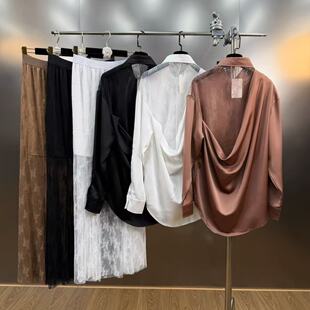 柚子mm2026年春季 露背拼蕾丝荡领宽松衬衫 配蕾丝长裙套装 翻领长袖