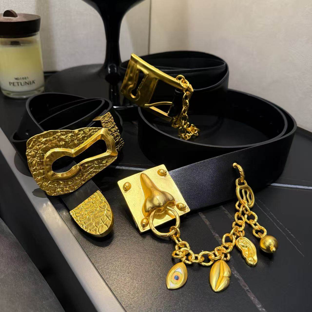 复古风女士pu皮腰带金属链条装饰时尚百搭宽皮带配饰