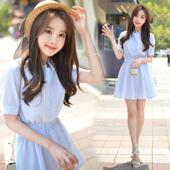 新款 裙 女装 2020夏季 棉麻短袖 条纹衬衫 中长款 甜美学生连衣裙子批