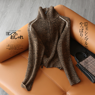 拉链开襟针织开衫 温暖复古 高领夹花 680g全羊毛 外套女 品质出众