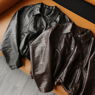 帅气飒爽 腔调十足 进口柔软水洗PU茧形微阔短款翻领皮夹克外套女