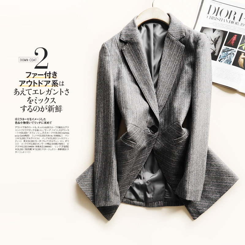 知性时髦 高端通勤 色织虚线条纹拼接中长款羊毛呢修身西服外套女