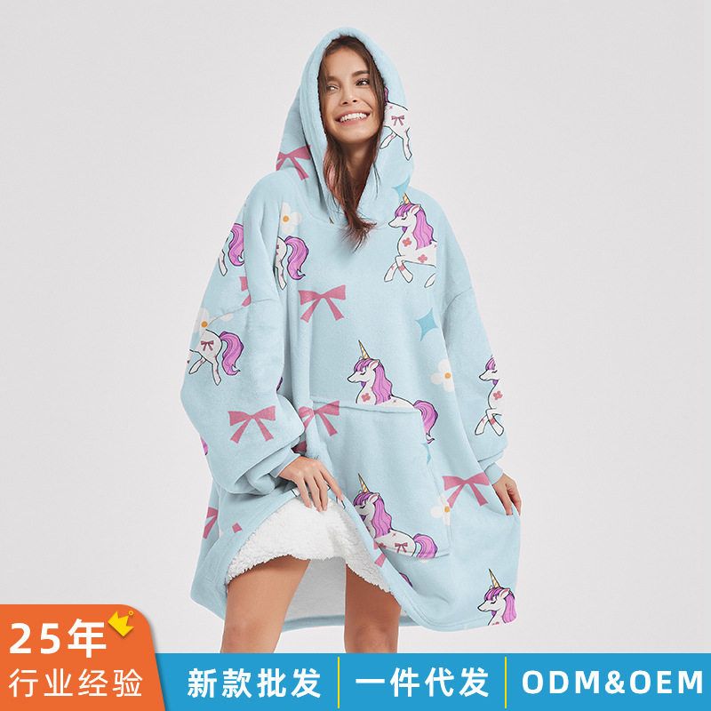 H oodie blanket hoodie couple法兰绒睡袍电视毯连帽情侣家居服