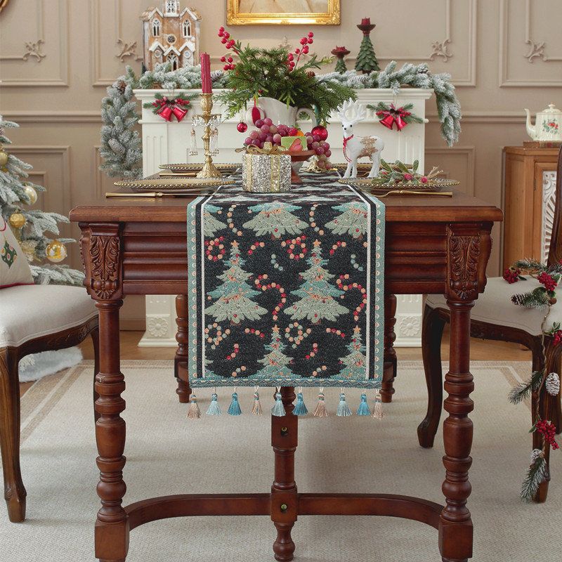 提花色织餐桌布床尾圣诞节树跨境