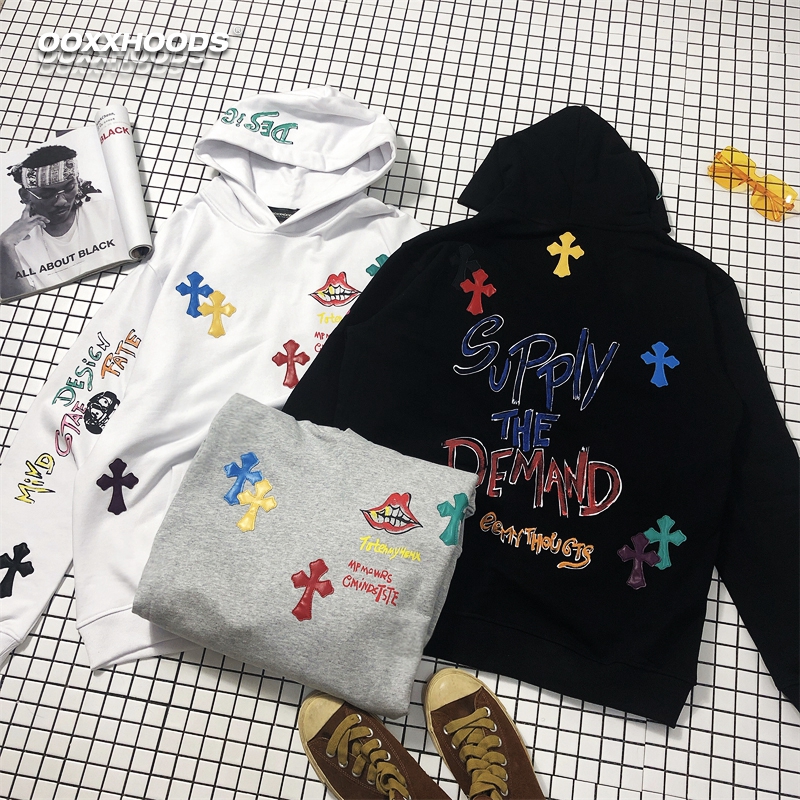 ZHUANG AO 广州顶配 克罗刺绣彩色十字架贴皮字母涂鸦连帽卫衣潮