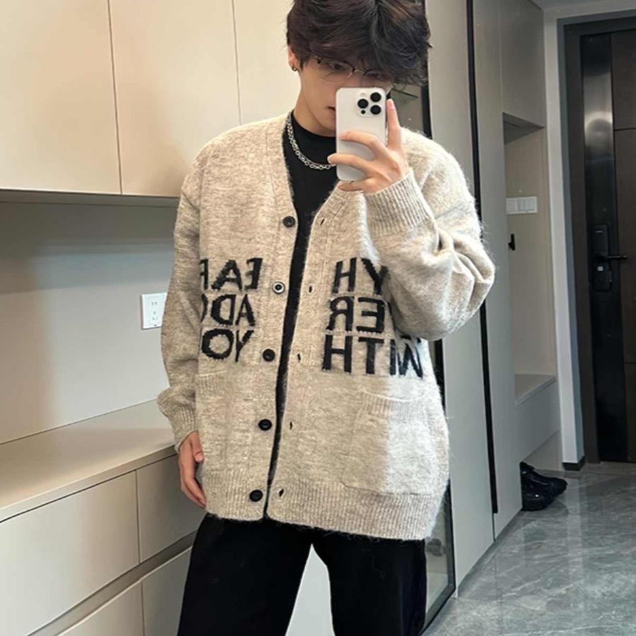 卡其色字母提花v领毛衣男春秋冬款美式复古学院风痞帅针织衫外套