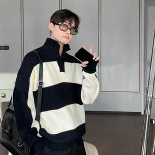 条纹撞色高领毛衣新款 外套ins潮流抗起球 宽松秋冬韩版 百搭针织衫