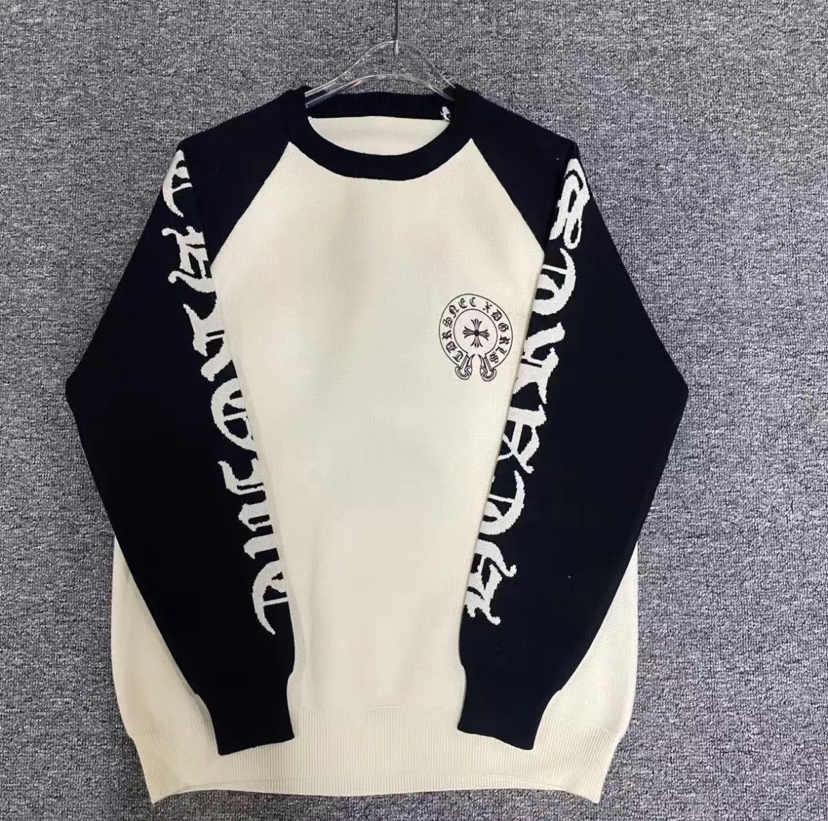 重磅潮牌克罗针织毛衣休闲马蹄梵文十字架拼色外套男女款百搭时尚