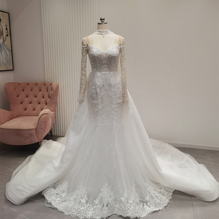 高定轻奢婚纱鱼尾三件式长袖高雅蕾丝手工缝新娘主婚纱礼服晚宴