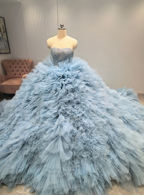 定制婚纱礼服蓝灰色闪烁网纱长拖尾手工缝晚宴压轴登场礼服小红书