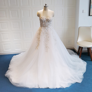 新款高端礼服婚纱树叶银钻缝珠网纱新娘公主裙晚礼服生日会礼服