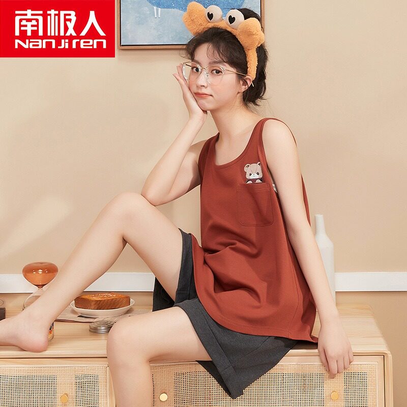 3南极人背心短裤睡衣女夏季纯棉薄款简约无袖家居服套装2021年新款