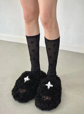 现货 SMF*花园植绒十字架黑色网纱薄透中筒小腿袜 女