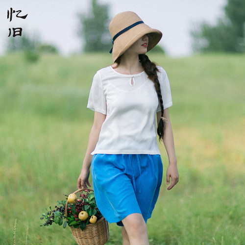 夏装文艺纯色圆领套头上衣女短袖