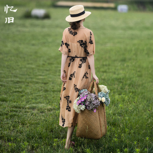 V领宽松系带长裙子 原创立体花刺绣连衣裙女夏季 D现货 墨笔生花