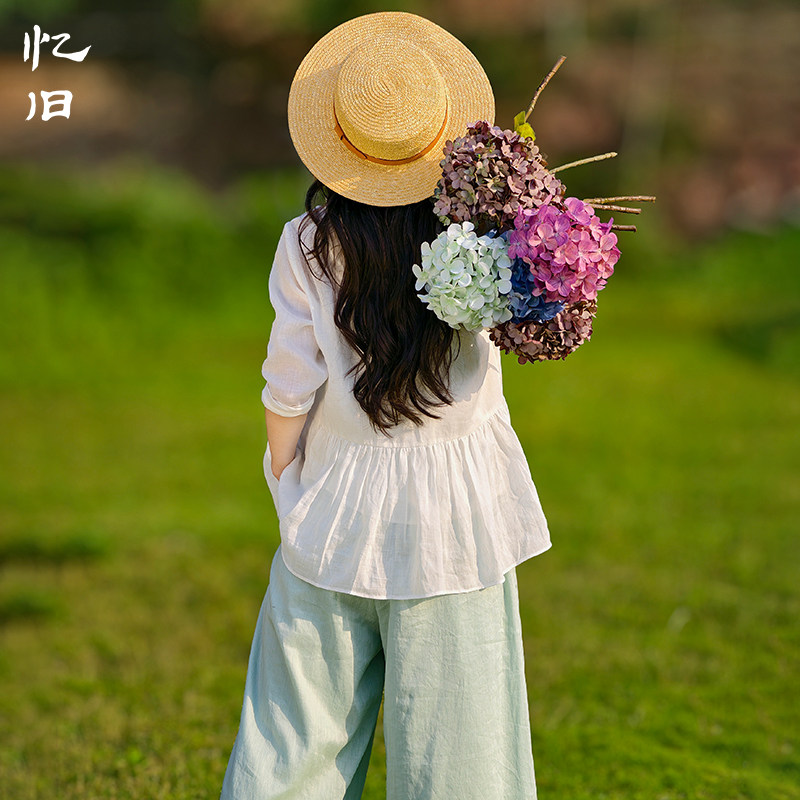 白色苎麻开衫女夏温柔木耳领上衣