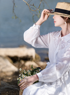 5折【白色季节】白色衬衫领连衣裙女长袖2024春天丝苎麻刺绣长裙