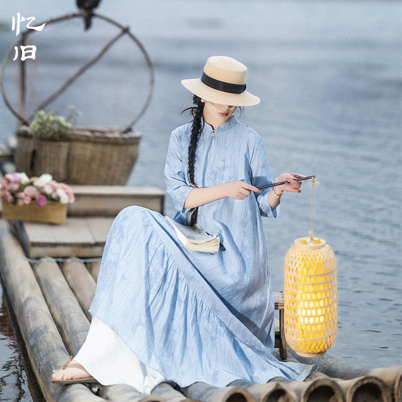 中式复古印花连衣裙偏襟女春夏季