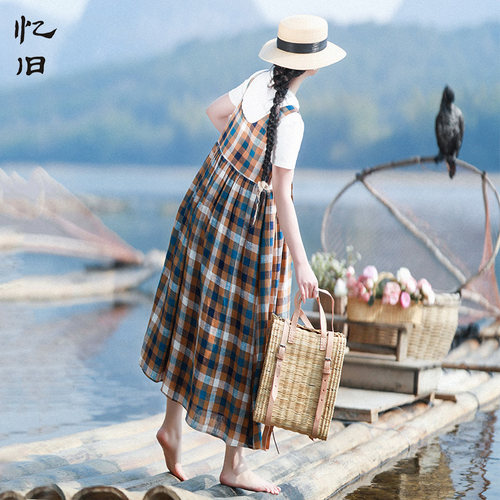 怀旧黄蓝格无袖背带裙女2026春季