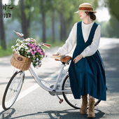 复古蓝灯芯绒背带裙女春季 几许秋色 深V百褶裙白色衬衣两件套